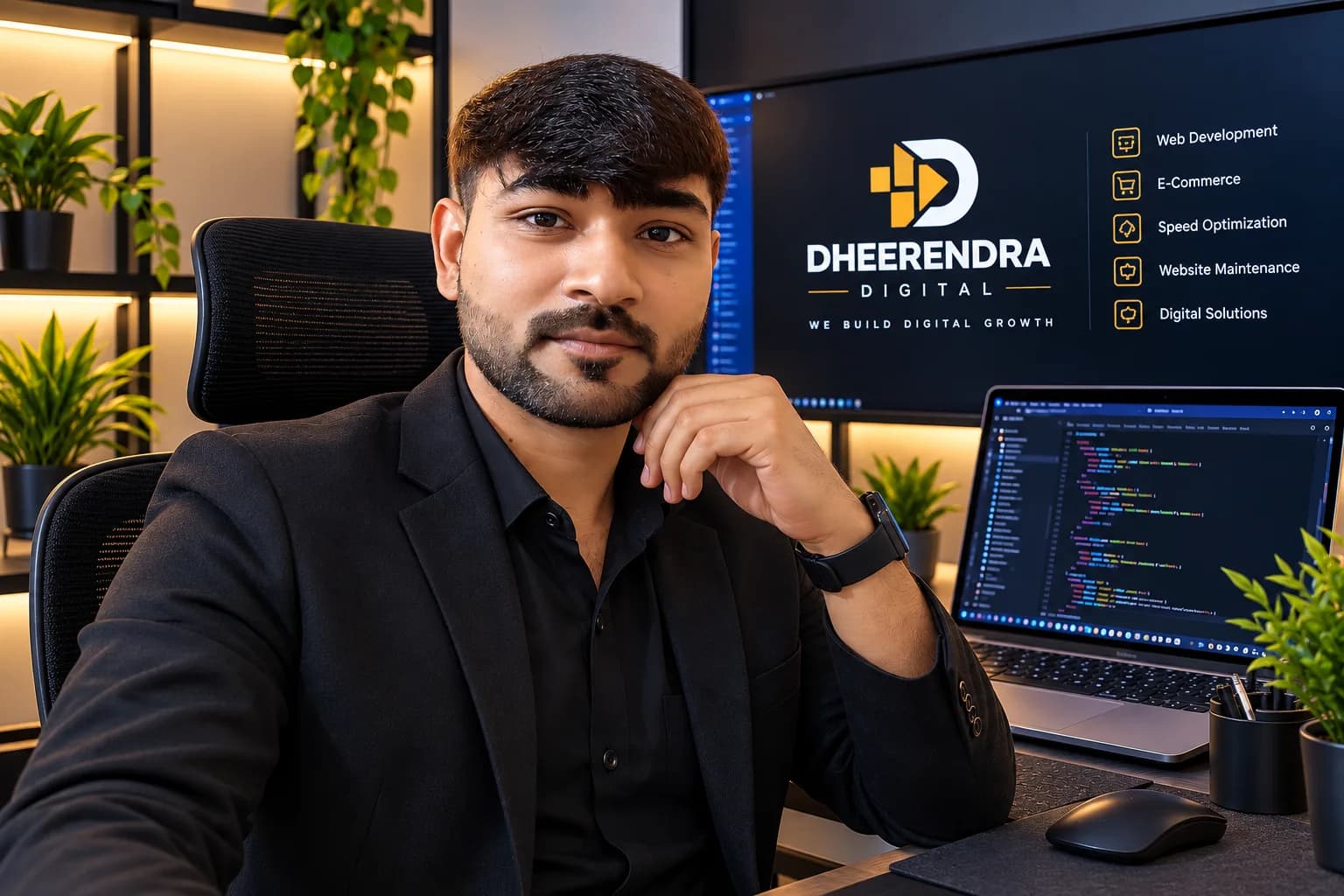 Dheerendra at his workspace with the Dheerendra Digital brand on screen